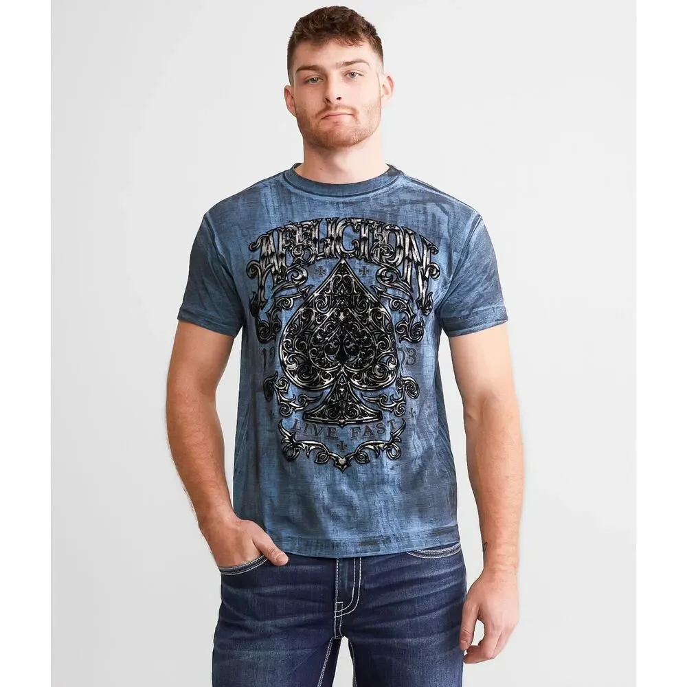 Affliction Clothing Men's T-Shirt Polaris Felt Graphic Blue/Black Dip Dye Tee - Picture 1 of 8